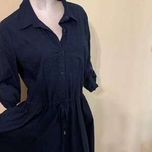 Donna Karan Navy Button-Front Drawstring Shirt Dress